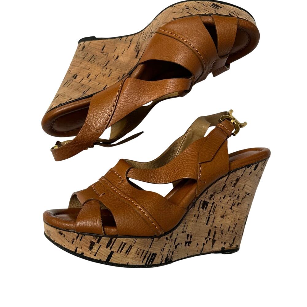 Chloe Brown Platform Sandals Leather Ankle Strap Cork Wedge